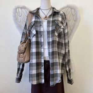 Indie Boho Grunge Western Shirt Button Up Long Sleeve Green Cabincore Cozy Knit